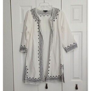 Madison Mathews Linen Floral Embroidered Kimono Cardigan Toper Swim Cover Size L
